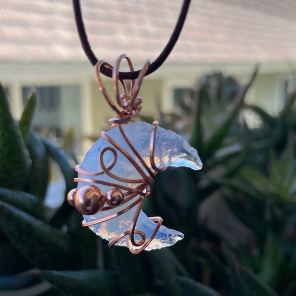 Genuine Opalite Crescent Moon Copper Wrap Leather Cord Boho Style - Picture 9 of 17